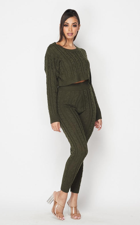 Cable Knit Crop Top and Leggings Set - Olive - SohoGirl.com